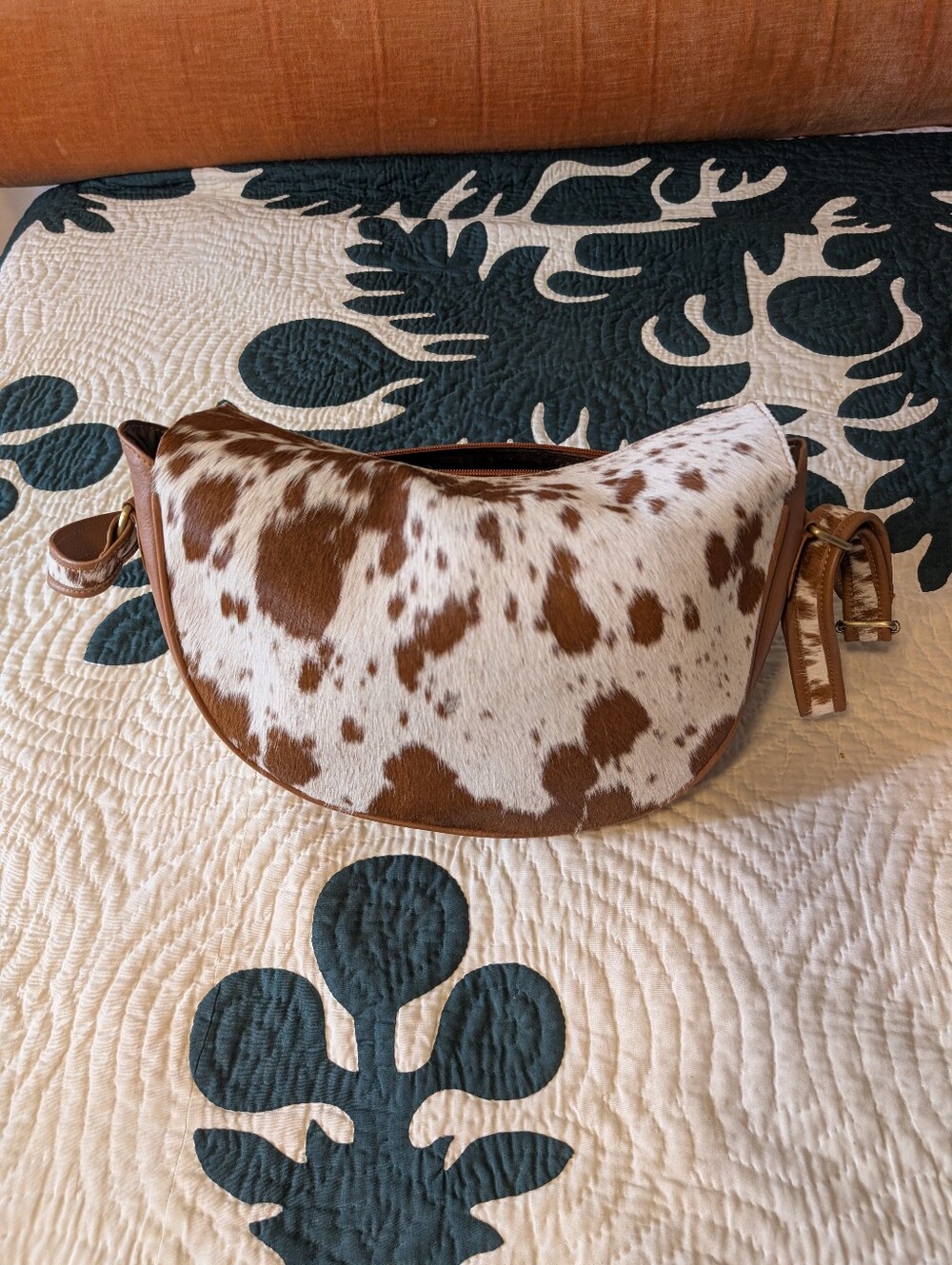 Cowhide Crescent Crossbody Bag in Brown and White 3 Pcs Set Bundle